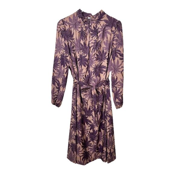 Vintage 70s Tropical Printed Midi Dress 18.5" Medium Purple Long Sleeve Prairie - Picture 1 of 5